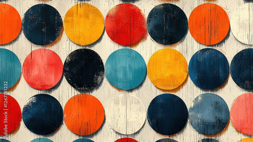 Poster a vibrant pattern of colorful circles on a textured background.