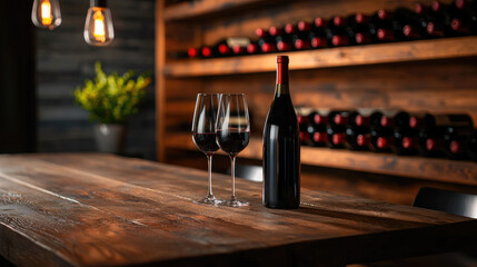 Elegant Red Wine Bottles and Glasses on Rustic Wooden Table