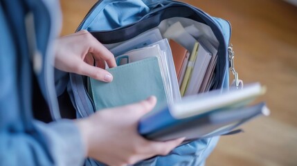 Efficient Student Workspace: Organizing Backpack with Documents, Stationery & Supplies for Successful Studying and Homework Completion