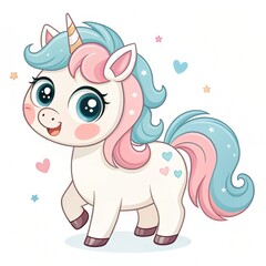 Fototapeta premium Cute pastel unicorn, whimsical stars, hearts; digital illustration, children's book