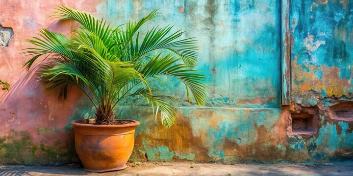 A solitary palm tree potted in terracotta stands against a weathered wall with peeling turquoise and terracotta paint