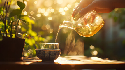 Fototapeta premium Hand Pouring Tea into Glass Cup with Nature Background