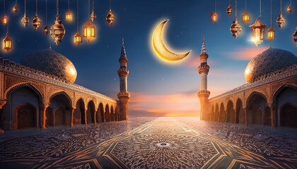 Elegant Ramadan Kareem Islamic Backgrounds with Lanterns, Crescent Moons, Mosques, and Ornate Gold Patterns - Perfect for Holy Month Festivities, Spiritual Designs, and Stock Photography