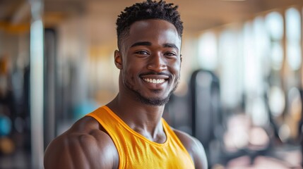 Fototapeta premium A smiling man in a vibrant workout outfit stands confidently in a brightly lit gym, surrounded by modern fitness equipment