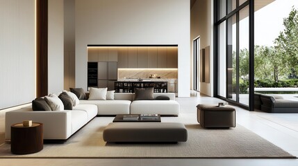 Cozy family living room with warm neutral tones, oversized sofas, and layered textures