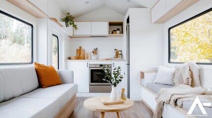 Cozy tiny home interior with multifunctional furniture, soft textures, and a compact fireplace