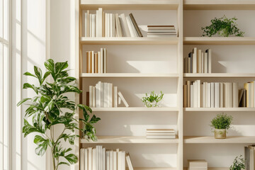 Fototapeta premium A modern bookshelf filled with books and plants, creating a serene reading space.