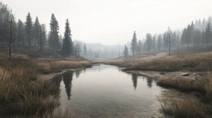 Misty forest river landscape, tranquil scene, nature
