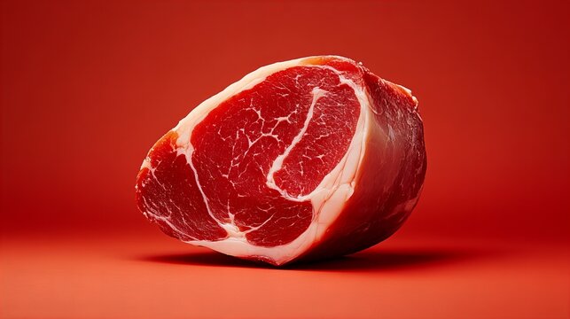 A close-up shot of a rich red cut of meat against a vibrant red background. The marbling is clearly visible.