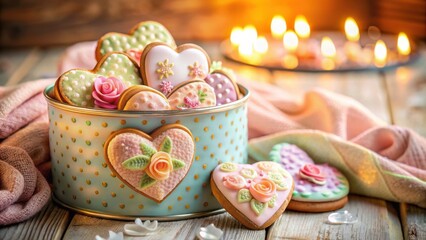 A delightful collection of heart-shaped cookies, delicately decorated with frosting and floral accents, are nestled in a charming polka-dot tin, evoking a sense of sweetness and warmth.
