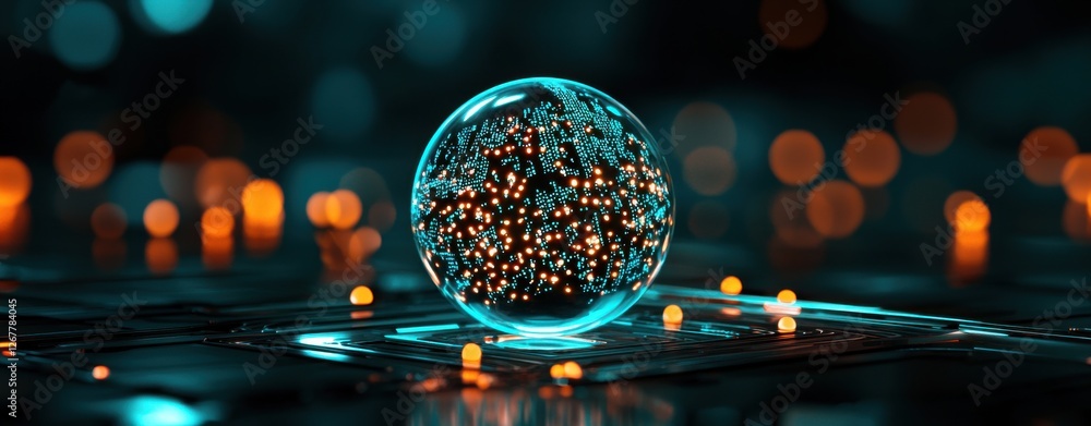Poster a glowing orb filled with colorful particles rests on a dark, illuminated surface, creating a captiv