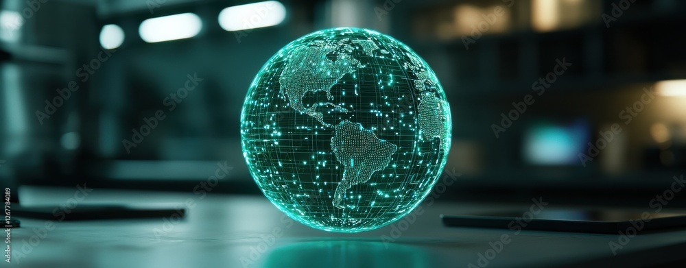 Poster a glowing, holographic globe displaying intricate data points, suggesting advanced technology and gl