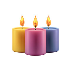 Three Colorful Burning Candles Yellow, Pink, and Purple