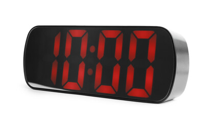 Digital alarm clock showing 10:00 o'clock on white background