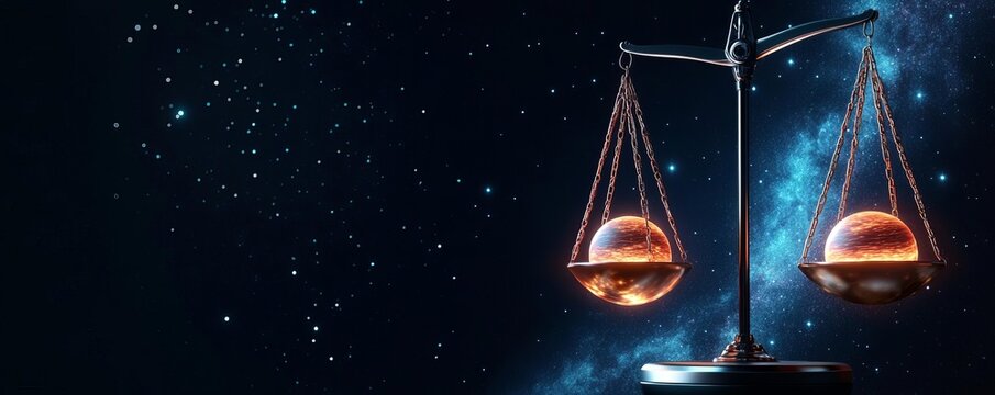 Libra holographic scales balancing glowing planets in a zero-gravity environment