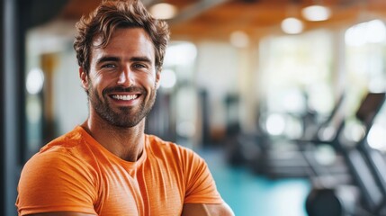 Obraz premium A smiling man in a vibrant workout outfit stands confidently in a brightly lit gym, surrounded by modern fitness equipment