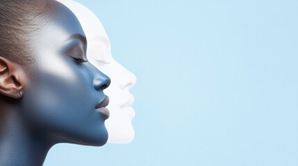 Obraz premium Creative Gradient and Artistic Blend on Solid Background. A profile view of two faces with contrasting paint colors.