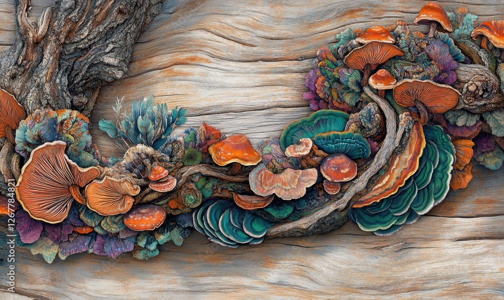 Poster vibrant display of colorful mushrooms and fungi growing on a textured wooden log in a forest setting