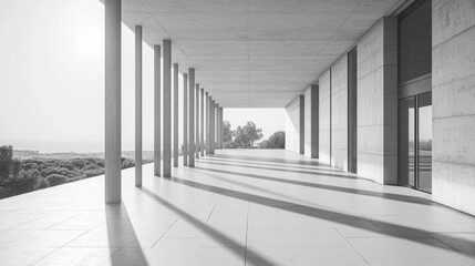 Fototapeta premium Modern Concrete Colonnade, Sunlight Shadows, Empty Patio