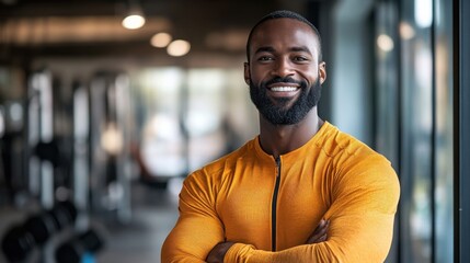 Fototapeta premium A smiling man in a vibrant workout outfit stands confidently in a brightly lit gym, surrounded by modern fitness equipment
