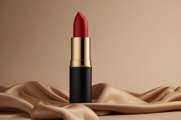 red lipstick in black tube, elegant display, neutral background