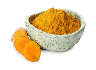 Turmeric powder in bowl and cut root isolated on white