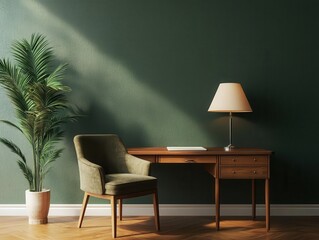 Vintageinspired cozy home office with antique furniture, warm lighting, and a rich wooden desk