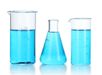 Laboratory glassware with blue liquid isolated on white
