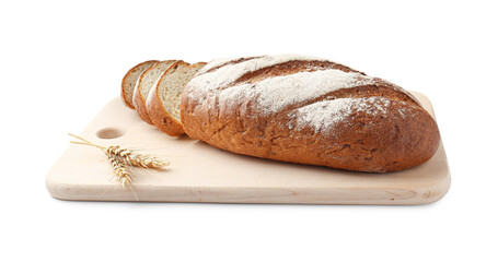 Wooden cutting board with fresh bread and spikes isolated on white