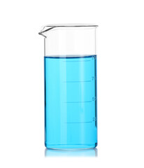 Beaker with blue liquid isolated on white