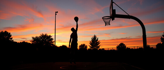 Silhouette of a basketball player making a dramatic dunk against a vibrant sunset sky, capturing the energy and excitement of the sport