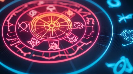 Neon zodiac symbols spinning in a digital astrological energy field