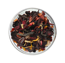 Dried tea leaves in bowl isolated on white, top view