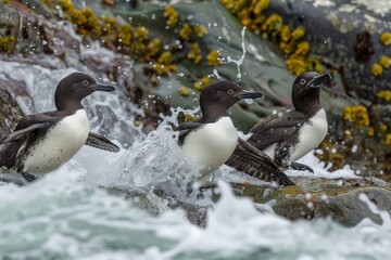 Fototapeta premium Three Great Auks jump over rocky shoreline, emerging from splashing waves in dynamic motion. Ocean water and green seaweed cover rocks, creating energetic, these extinct seabirds in moment agility.