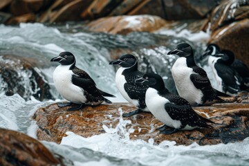 Obraz premium Four Great Auks perched on smooth rock as ocean waves ripple around them, capturing tranquil yet powerful moment with extinct seabirds at rest shore, black white feathers contrast against textured.