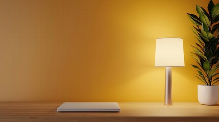 Cozy workspace with warm wooden desks, soft lamp lighting, and a calm, productive ambiance