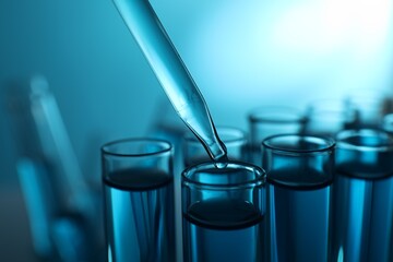 Dripping liquid into test tubes on blue background, closeup. Color toned effect
