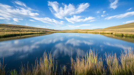 Obraz premium Serene Reflection of Clouds Over Calm Waters in Scenic Landscape