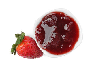 Tasty strawberry sauce in bowl and fresh berry isolated on white, top view