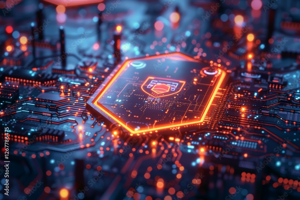 Poster animated concept of cybersecurity shield activating over complex network circuitry in a vibrant, fut