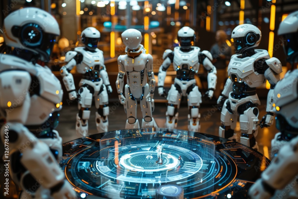 Poster group of robots surrounds glowing holographic display, simulating defensive strategies in futuristic