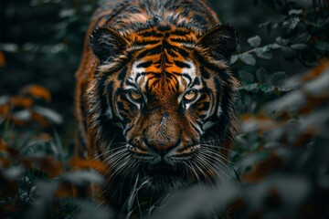 Close-up of saber-toothed cat with piercing yellow eyes, wet fur, and intense expression in a dimly lit jungle. Detailed fur and sharp facial features capture the raw wildness this ancient predator.