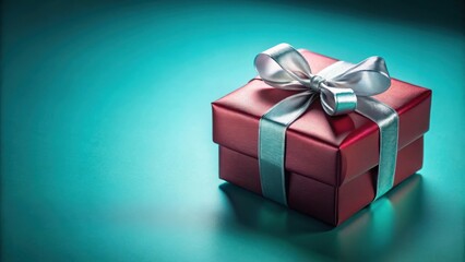 Obraz premium A Single Red Gift Box with a Silver Ribbon, Wrapped for a Special Occasion and Set Against a Turquoise Background