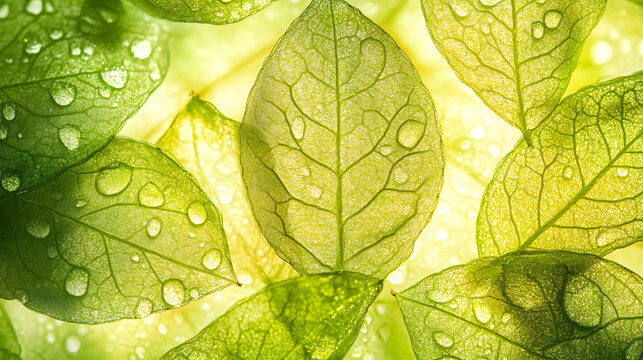 Fototapeta Close-Up of Fresh Green Leaves with Water Droplets and Light Effects