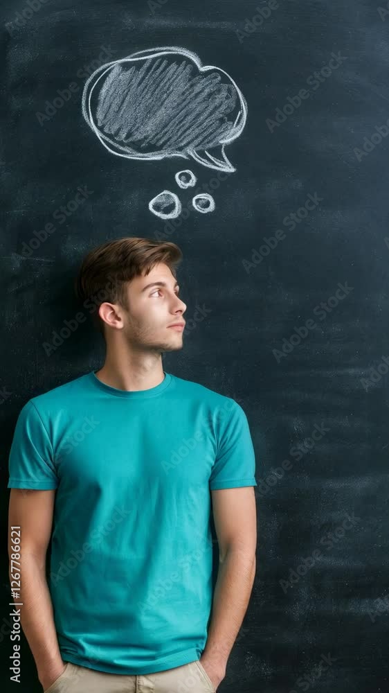 Aufkleber casual young man stands against a blackboard with a chalk drawing of an empty speech bubble above hi