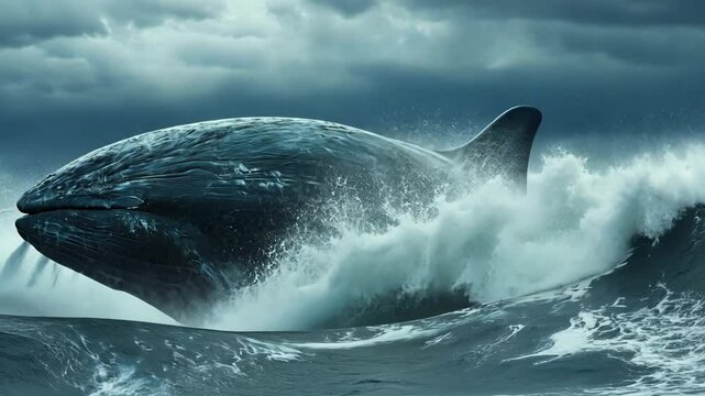 Whales Riding Waves in a Dreamlike Surreal Ocean Landscape