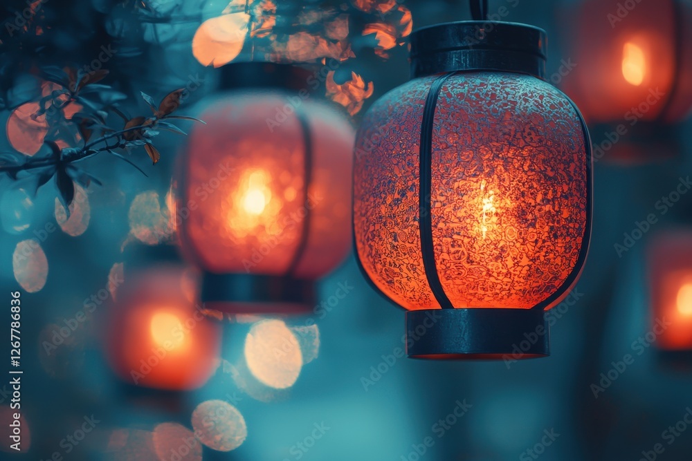 Aufkleber a captivating scene of illuminated red lanterns hanging, creating a warm and inviting atmosphere wit