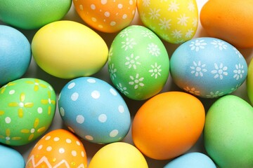 Beautiful decorated Easter eggs on light background, top view