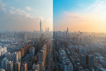 Contrast of city landscape under a haze and a clear sky, illustrating air purification results. Influencer's visual story PM 2.5 effect on visibility and the success of clean air technologies.