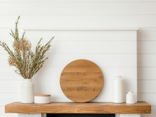 Cozy modern farmhouse living room with neutral tones, warm wooden accents, and a fireplace